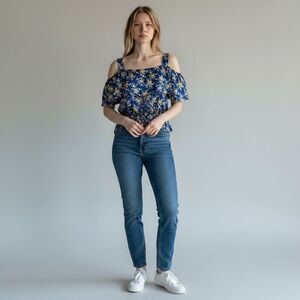 Zeagoo Navy Blue Floral Cold Shoulder Peplum Blouse Top Size 2XL XXL silk feel